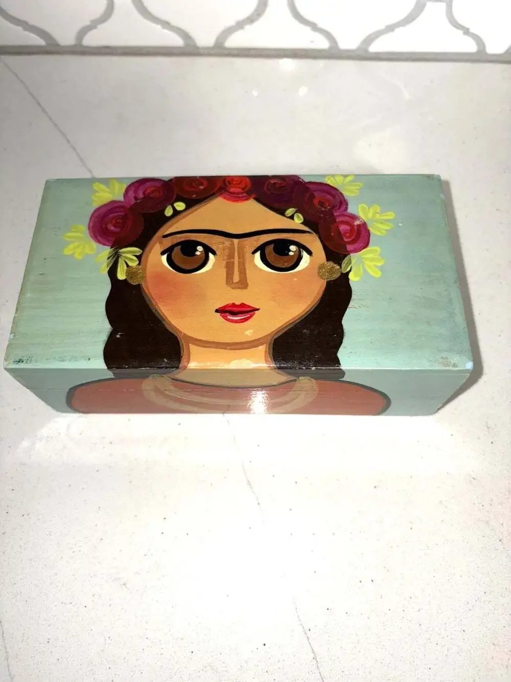 Frida Kahlo Handcrafted Painted Wood Jewelry Trinket Box Art Keepsake